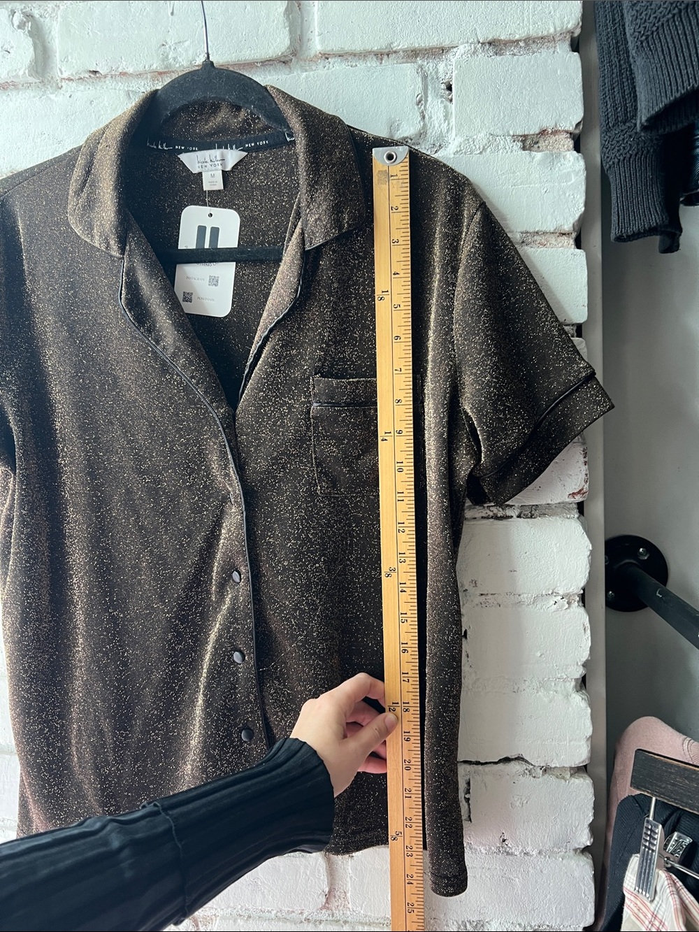 Nicole miller metallic thread button down Brown Sparkle Short-Sleeve Shirt - Picture 2 of 5